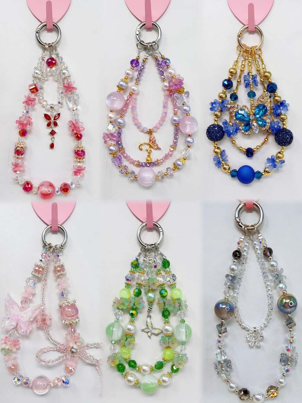 6 Pieces Handmade Beaded Butterfly Phone Charm Bag Charm Keychain